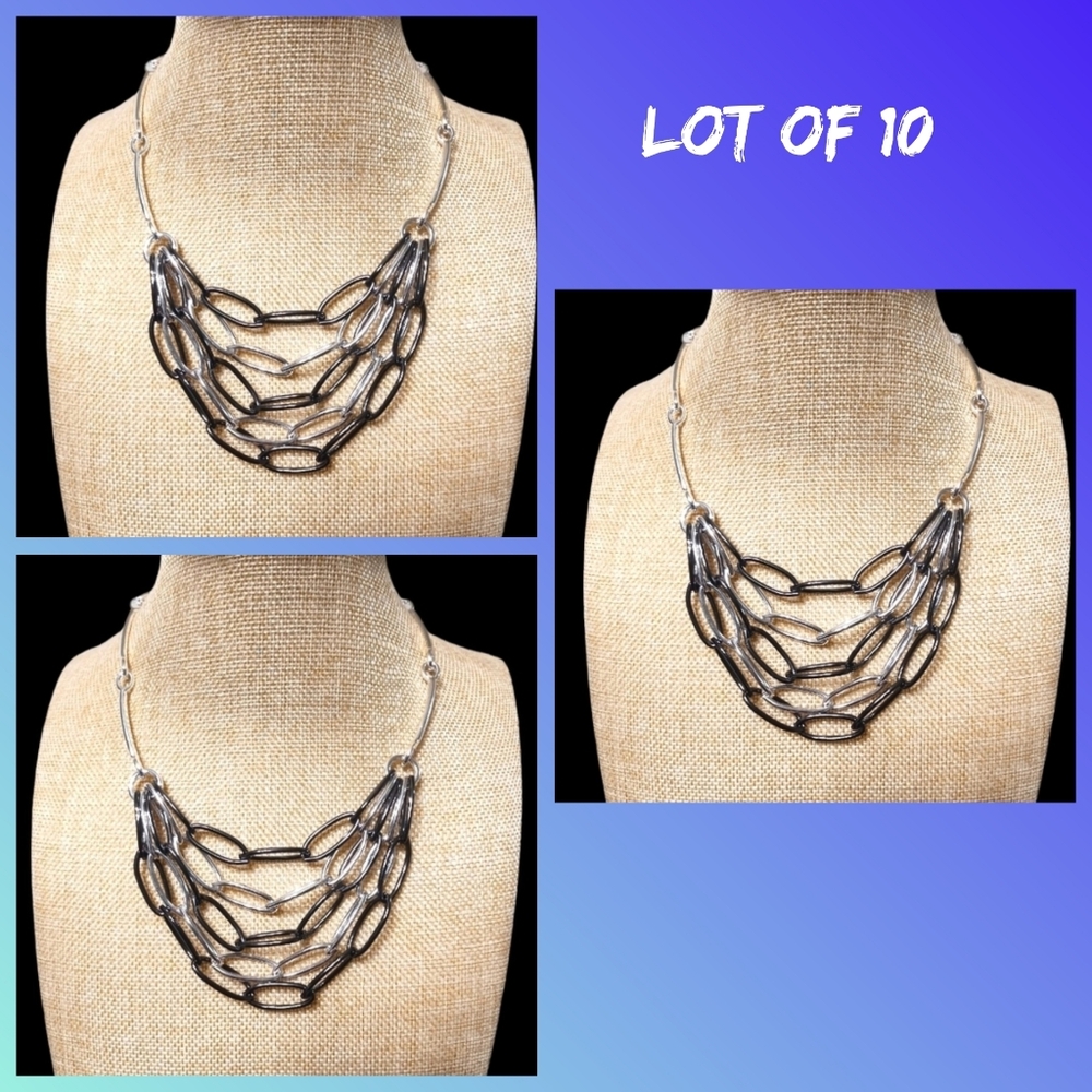 NWOT Lot Of 10 Premier Design Black and‎ Silver Open Chain Necklace SImplicity